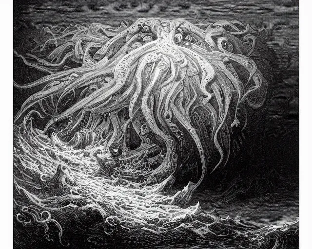 Prompt: “An engraving of Cthulhu rising from beneath a storm-tossed sea by Gustave Dore”