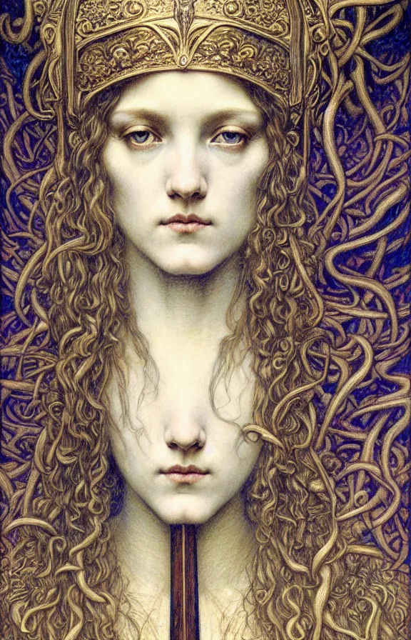 Image similar to detailed realistic beautiful young medieval queen face portrait by jean delville, gustave dore and marco mazzoni, art nouveau, symbolist, visionary, gothic, pre - raphaelite. horizontal symmetry