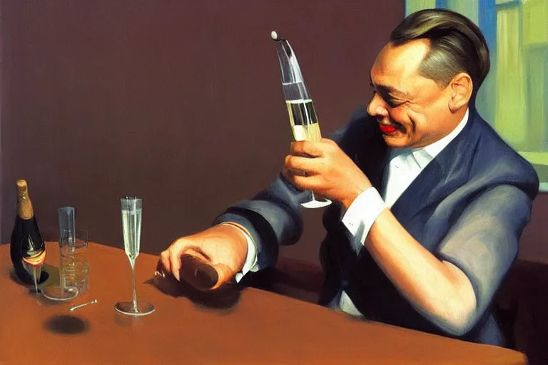 Prompt: viktor orban drinking champagne, smoking cigar, laughing hard, highly detailed face by edward hopper