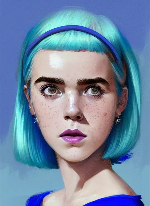 Prompt: portrait of kiernan shipka with freckles, white hair, big 1 9 6 0 s bob hairstyle with bangs and hairband, blue 1 9 6 0 s dress, intricate, elegant, glowing lights, highly detailed, digital painting, artstation, concept art, smooth, sharp focus, illustration, art by wlop, mars ravelo and greg rutkowski