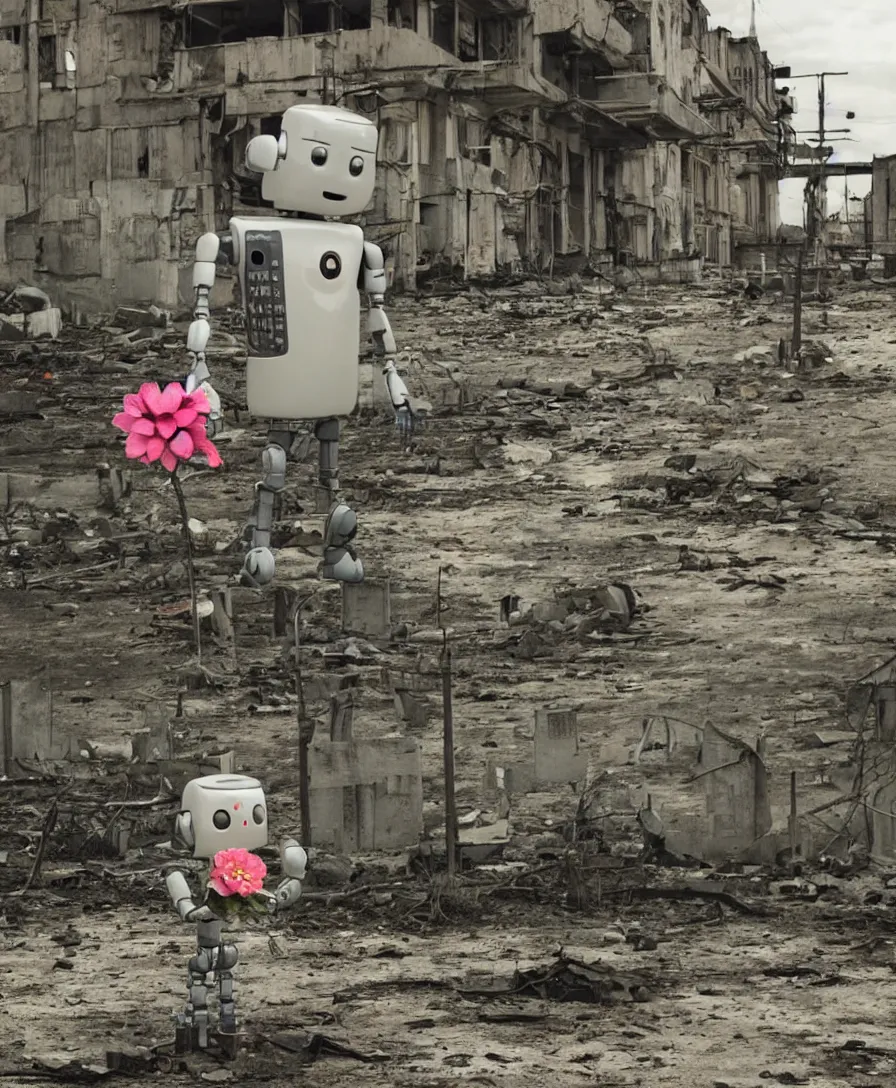 Image similar to a lonely robot holding a flower while sitting in a post-apocalyptic world surrounded by rundown buildings