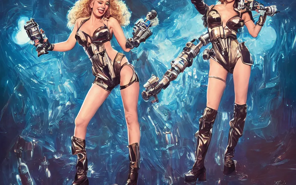 Image similar to kylie minogue as barbarella. floating through an airlock, holding a raygun. symmetrical. coherent. soft lighting. glamorous. sophisticated. hyper detailed painting. trending on artstation. cinematic.