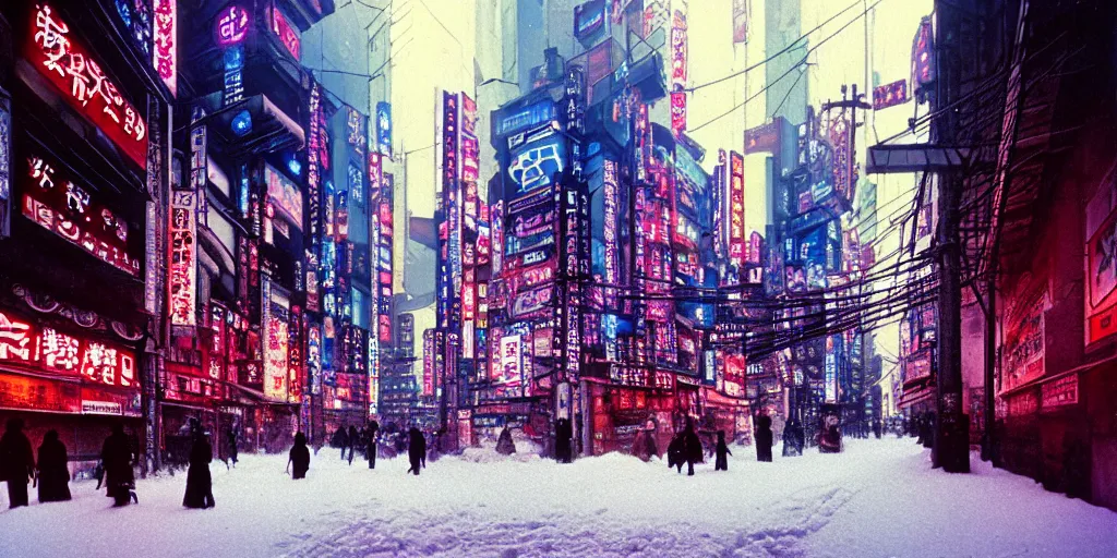 Image similar to autochrome of Neo-Tokyo 20XX winter landscape, sharp focus, cyberpunk city in winter, artwork scan, masterpiece, high quality