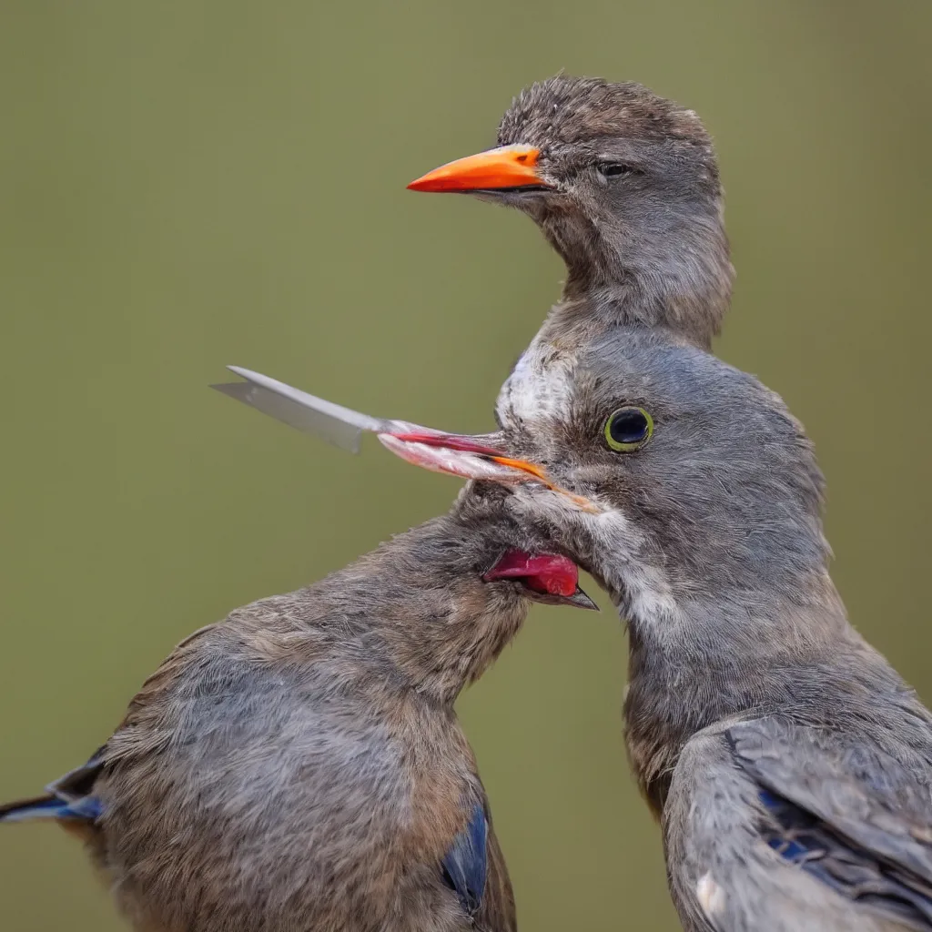 Image similar to photo of a bird holding a knife in it's mouth, ultra high detail, 8 k, ambient lighting, nature photograph, 3 5 mm lens, award winning photography.