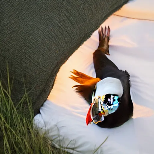 Image similar to puffin sleeping in an oversized bed, sunset