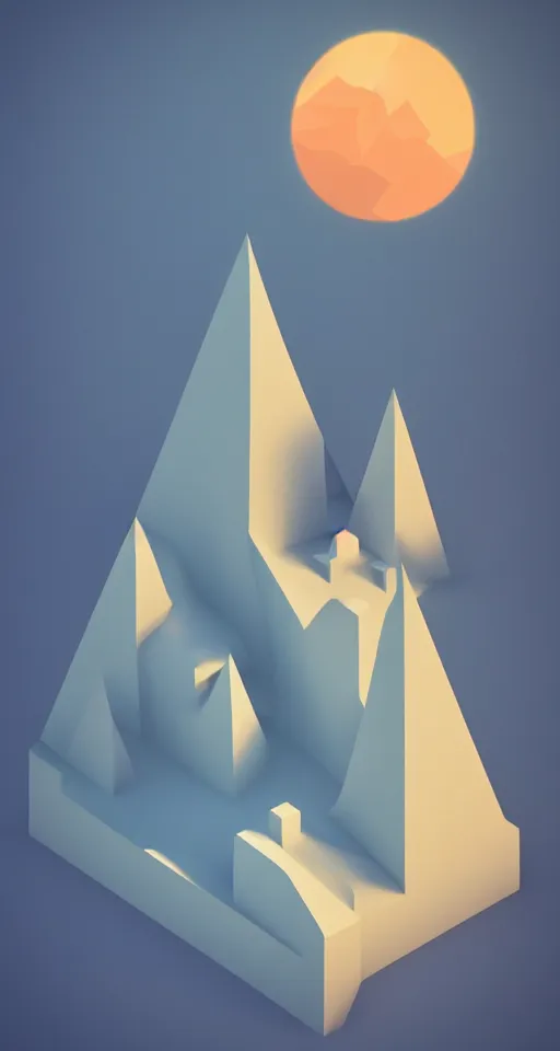 Image similar to geometric design minimalist isometric mountain with full moon behind the top, trending on artstation, 3D render, monument valley