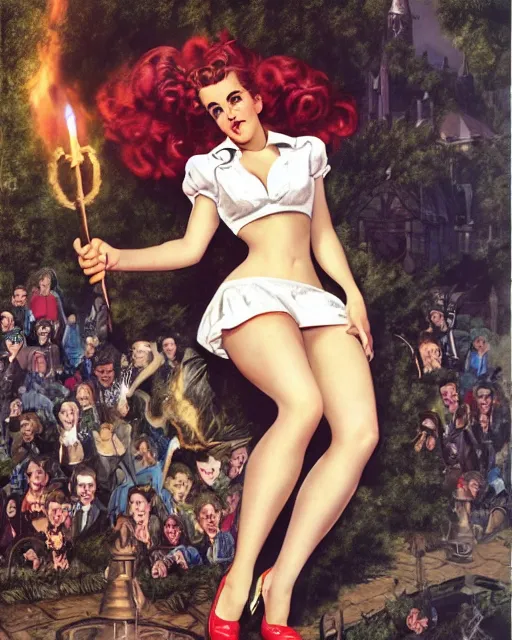 Image similar to pinup photo of hermione granger by emma watson in the crowded square of hogwarts, gil elvgren, enoch bolles, edward robert hughes, henry justice ford, glossy skin, pearlescent, very coherent, very detailed