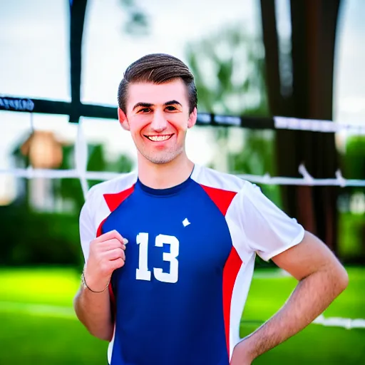 Image similar to a portrait of a young Caucasian man smiling with short brown hair that sticks up in the front, blue eyes, groomed eyebrows, tapered hairline, sharp jawline, wearing a volleyball jersey, sigma 85mm f/1.4, 15mm, 35mm, 4k, high resolution, 4k, 8k, hd, highly detailed, full color, Kodak Kodachrome Film