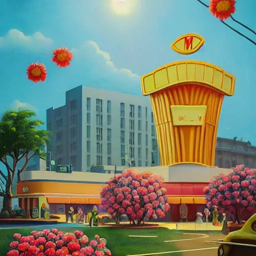 Image similar to a painting of an art deco mcdonald's surrounded by flowers, a watercolor and matte painting by beeple and rhads and mark keathley, wes anderson, cgsociety, artdeco, utopian art, retrofuturism, sci - fi, artstation hq