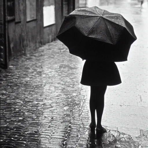 Prompt: fine art photograph of a woman waiting for the rain to stop, rainy flagstone cobblestone street, sharp focus photo by henri cartier - bresson