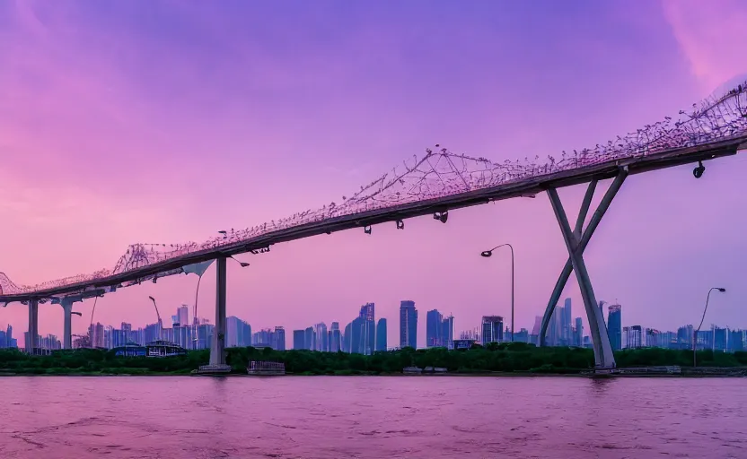 Image similar to a photo of wuhan yangtze river bridge, sunset, purple sky, cinematic, 8 k, highly - detailed