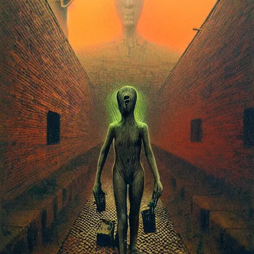 Image similar to demons chasing us, by beksinski and tristan eaton, dark neon trimmed beautiful dystopian digital art