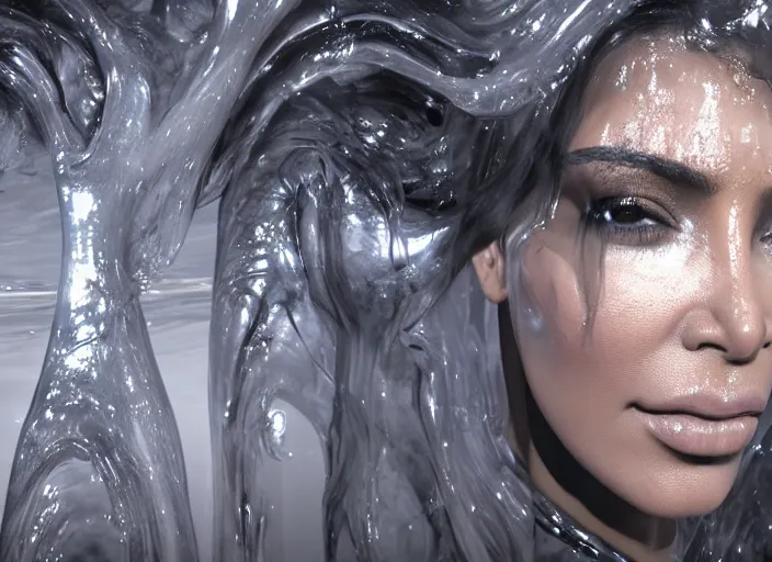 Image similar to epic still of kim kardashian trapped in a transparent alien liquid, wet flowing hair, gooey skin, illustration, unreal engine 5, 8 k, made by h. r. giger.