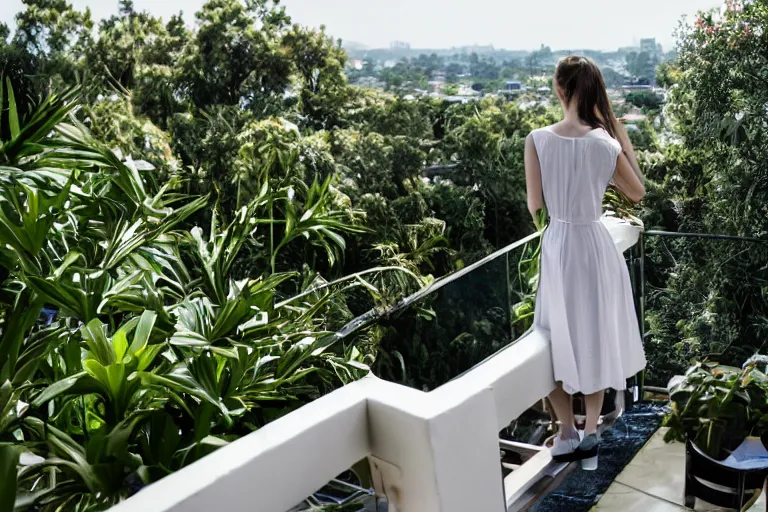 Prompt: a cinematic wideangle photograph of a singular woman wearing white clothing stood on a balcony looking out to the horizon, people walk through the frame in foreground, green plants, blue sky, beautiful lighting, ultra realistic, movie still, utopia, ultra realistic