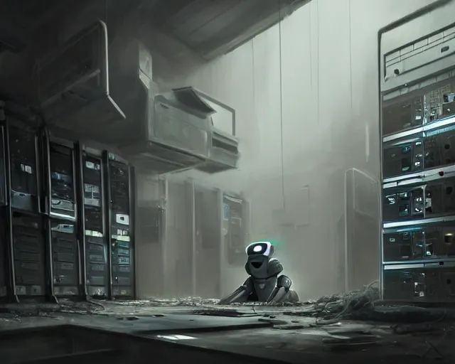 Prompt: gloomy ruined server room in datacenter painting concept art of humanoid robot colossus, sharp focus, emitting diodes, smoke, artillery, pacing, computers, racks, motherboard, by pascal blanche rutkowski repin artstation hyperrealism detailed matte painting, 4 k resolution