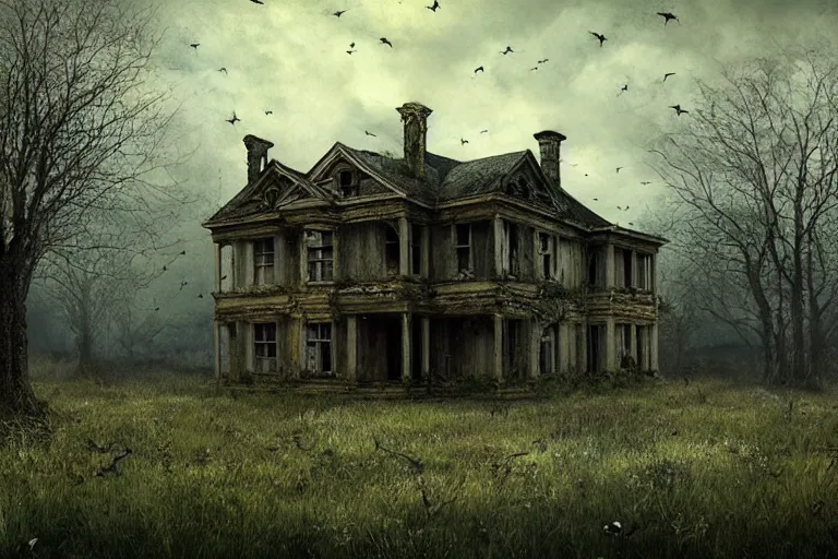 Prompt: dilapidated country estate, abandoned, eerie, spooky matte painting by andrea kowch, detailed realistic