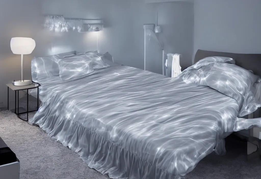 Image similar to curved translucent bedsheets with detailed florida storm weathermap, pixel perfect photograph, high contrast, volumetric lighting, thin glowing lights, bedroom, visor, users, pair of keycards on table