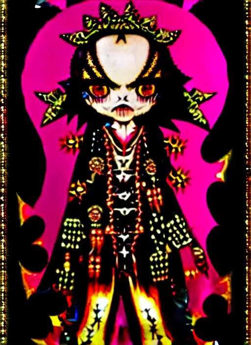 Image similar to baroque bedazzled gothic royalty frames surrounding a pixelsort emo demonic horrorcore japanese yokai doll, low quality sharpened graphics, remastered chromatic aberration spiked korean bloodmoon sigil stars draincore, gothic demon hellfire hexed witchcore aesthetic, dark vhs gothic hearts, neon glyphs spiked with red maroon glitter breakcore art by guro manga artist shintaro kago