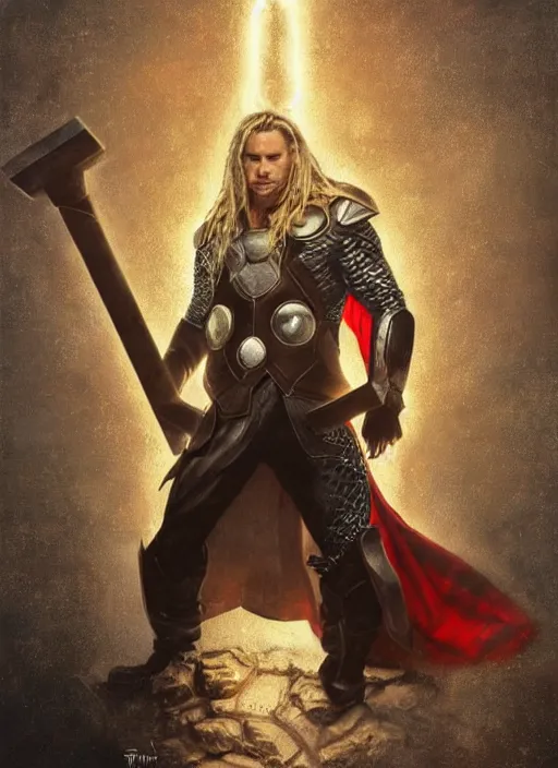 Image similar to johnny depp as thor wielding mjolnir, naturel, hyper detailed, digital art, trending in artstation, cinematic lighting, studio quality, smooth render, unreal engine 5 rendered, octane rendered, art style by klimt and nixeu and ian sprigger and wlop and krenz cushart