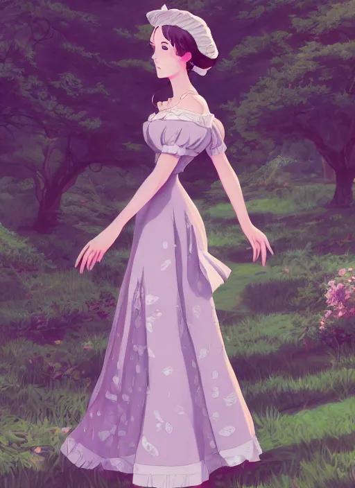 Prompt: a beautiful woman in a regency style dress, royal garden landscape , 4k, anime key visual, lois van baarle, ilya kuvshinov, rossdraws, artstation