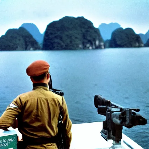 Image similar to film still, far view, landscape, emma watson soldier, vietnam patrol boat, kodak ektachrome, blue tint expired film,