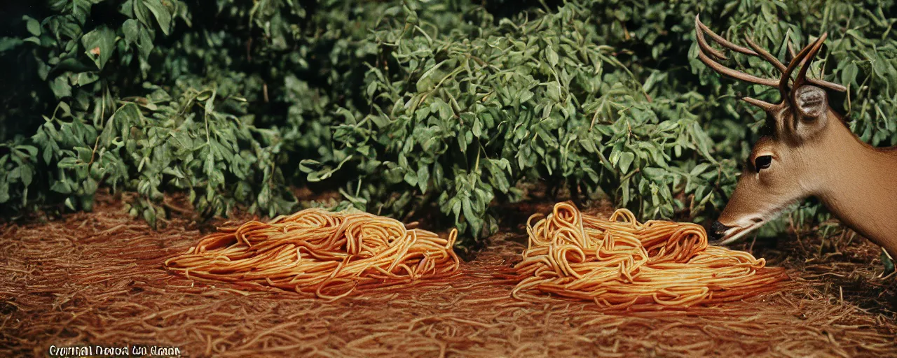 Image similar to deer eating spaghetti off a plant, in the style of national geographic, canon 5 0 mm, kodachrome, retro