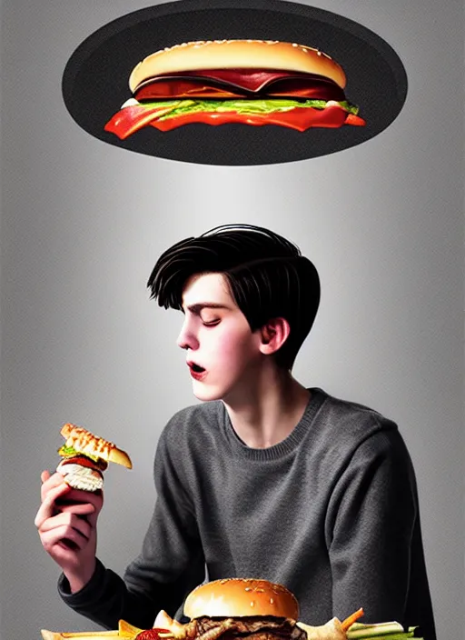 Image similar to portrait of teenage jughead jones wearing a light grey crown, crown, eating hamburger, eyes closed, crown, black hair, intricate, elegant, glowing lights, warm lighting, highly detailed, digital painting, artstation, concept art, smooth, sharp focus, illustration, art by wlop, mars ravelo and greg rutkowski