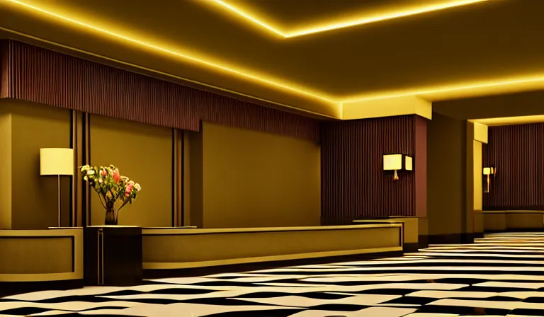 Prompt: a beautiful, sharp focus, clean lines. the interior of a 1 9 4 0 s art deco luxury hotel lobby. vaporwave ombre rendering. outrun style. trending on artstation. recommended for you behance. wes anderson colors. by chris moore. by edward hopper. ambient occlusion. digital matte painting. metropolis filmic. gotham city.