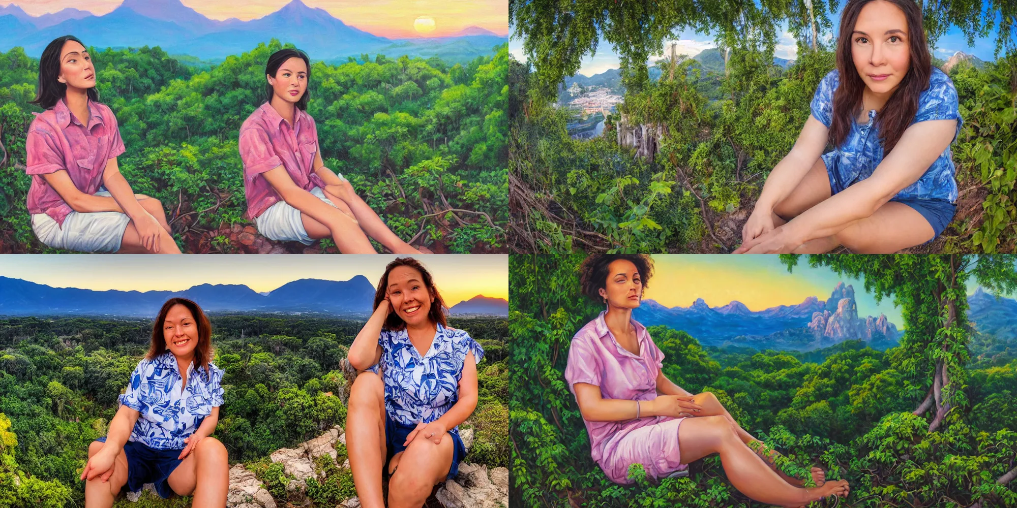 Prompt: oil canvas painting of a woman wearing a summer shirt and shorts, sitting down in a casual pose with one knee raised up, her foot sticking out, looking at the camera, with overgrown marble ruins in the background covered in vines and vegetation, with snowy mountain range along the skyline, sunset lighting, low angle, fish eye lens, photorealistic, highly detailed