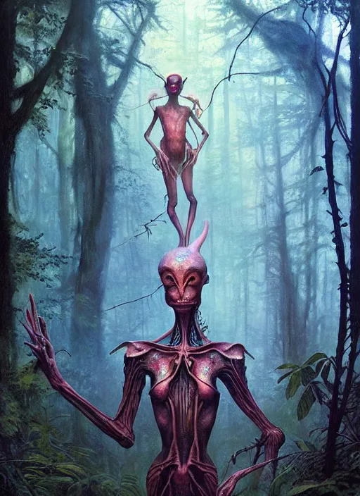 Image similar to hyper realistic magic alien in the woods in a river gorgeous lighting, lush forest foliage blue sky a hyper realistic painting by chiara bautista and beksinski and norman rockwell and greg rutkowski, tom bagshaw weta studio, and lucasfilm