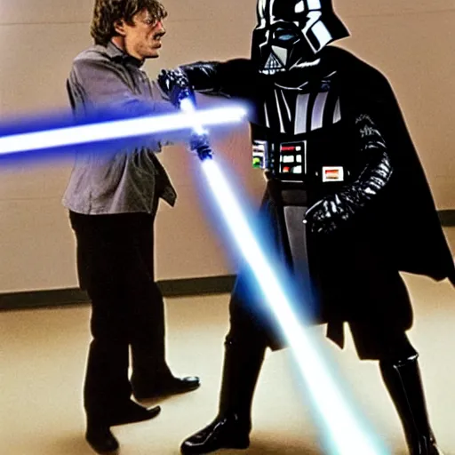 Prompt: walter white having a lightsaber duel with darth vader