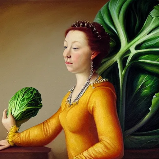 Image similar to a queen gazing at a cabbage, oil painting