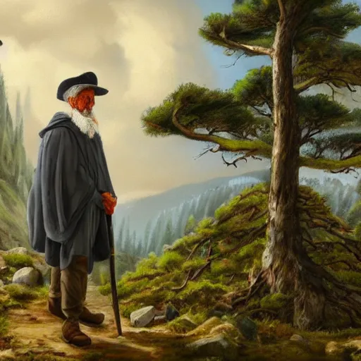 Prompt: a man in a grey cloak and brimmed hat with a staff travelling trough the mountains with trees, very detailed, colorful, oil painting, clouds, old man, alone, ravens