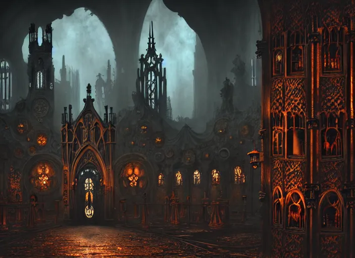 Image similar to steam necropolis, memento mori, gothic, neo - gothic, art nouveau, hyperdetailed copper patina medieval icon, stefan morrell, philippe druillet, ralph mcquarrie, concept art, steampunk, unreal engine, detailed intricate environment, octane render, moody atmospherics, volumetric lighting, ultrasharp, ominous, otherworldly