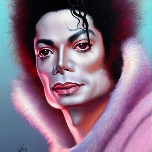 Image similar to beautiful fantasy character portrait, michael jackson, wearing pink puffy bomber jacket with white fur, by peter mohrbacher, hajime sorayama, wayne barlowe, boris vallejo, aaron horkey, gaston bussiere, craig mullins