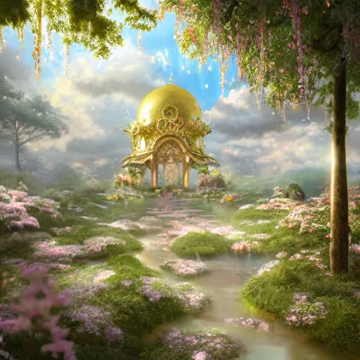 Prompt: dreamy landscape in an ornate baroque aya takano-inspired dream palace sparkle courtyard overgrown with metallic blender renders of falling iridescent flower petals, gorgeous cloud-structures surrounded by cute forest scenery with various futuristic exobiome-related plants, iridescent pixiv scenery artwork ornated by gold-trimmed nature, beautiful surrealism oil painting, trending on artstation