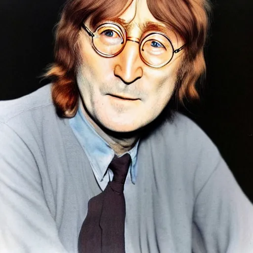 Image similar to A colored colorized real photograph of old John Lennon as an old man in his eighties with short hair in the 2010s, Old John Lennon, taken in the early 2020s, taken on a 2010s Camera, realistic, hyperrealistic, very realistic, very very realistic, highly detailed, very detailed, extremely detailed, detailed, digital art, trending on artstation, headshot and bodyshot, detailed face, very detailed face, very detailed face, real, real world, in real life, realism, HD Quality, 8k resolution, intricate details, colorized photograph, colorized photo, John Lennon as an old man with short hair, old, old man