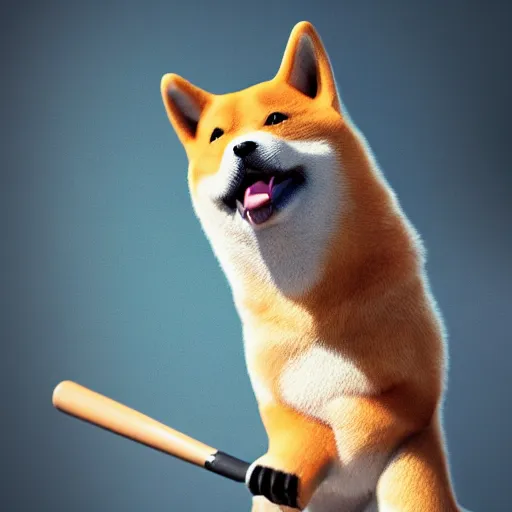 Image similar to highly detailed digital art, shiba inu holding a baseball bat on his hand, cinematic lightning, 4 k, ultra detailed, octane render, trending on artstation, masterpiece, digital art.