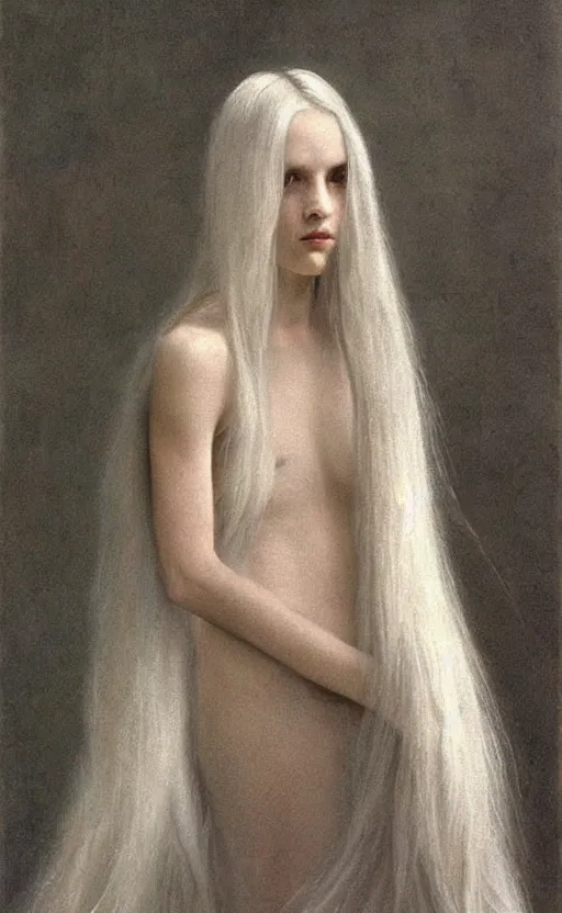 Image similar to say who is this with silver hair so pale and wan! and thin!? female angel, wearing long silver hair flowing hair, pale fair skin, you g face, silver hair, covered!!, clothed!! lucien levy - dhurmer, fernand keller, oil on canvas, 1 8 9 6, 4 k resolution, aesthetic!, mystery