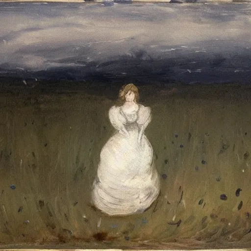 Image similar to the painting depicts a woman standing in a field of ashes, her dress billowing in the wind. her hair is wild and her eyes are closed, and she seems to be in a trance - like state. the painting is dark and atmospheric, and the ashes in the field seem to be almost alive, swirling around. by harriet backer, by nicolas de stael atmospheric