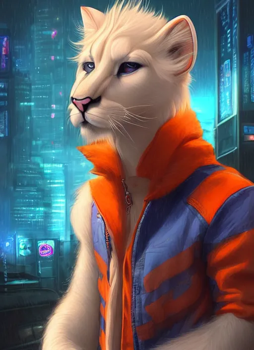 Image similar to award winning beautiful portrait commission of a male furry anthro albino mountain lion fursona with a tail and a cute beautiful attractive detailed furry face wearing stylish blue and orange rockstar clothes in a cyberpunk city at night while it rains. Character design by charlie bowater, ross tran, artgerm, and makoto shinkai, detailed, inked, western comic book art