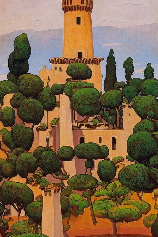 Image similar to view of the ancient tiled white tower in its gardens after a storm, tall windows, beautiful moorish ornament, dramatic cinematic lighting, rich colors, golden age illustration, by Sylvain Sarrailh and Nicholas Roerich and Ludwig Deutsch