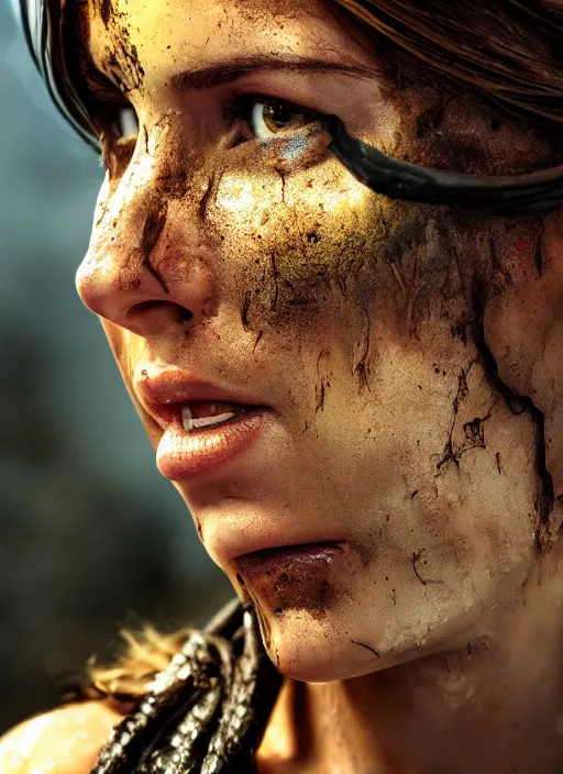 Image similar to a film still of lara croft as batgirl, her face muddy and sweat, direct sun light, close up potrait, cinematic,