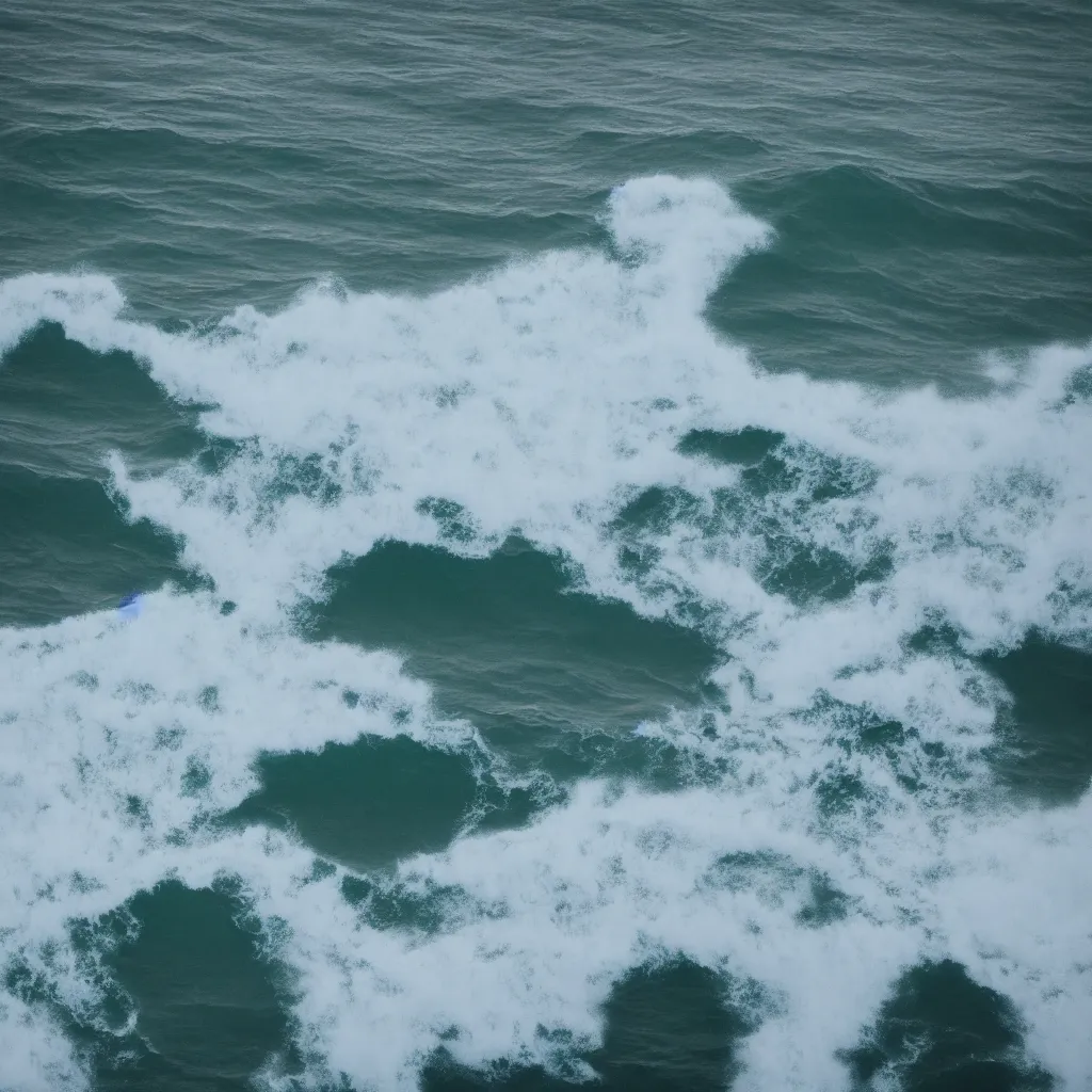 Prompt: wes anderson ocean, towering waves, pastel lighting, highly turbulent, deep focus, gray sky, high point of view,