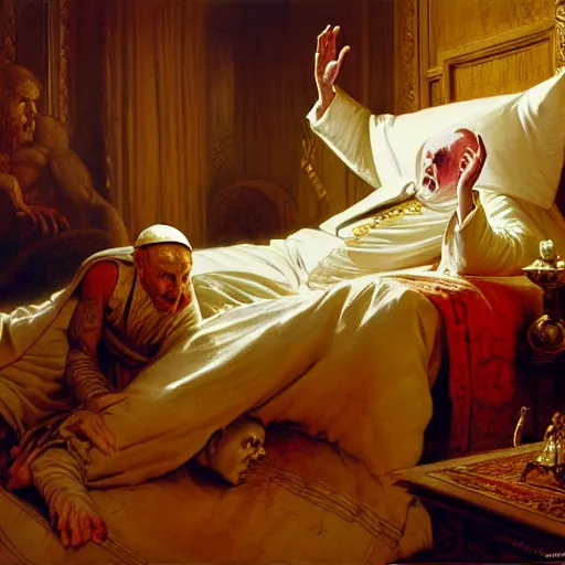 Image similar to the pope is in his bed, nervous and terrified, because a double horned shadow demon from hell lurks in the wallpaper of the bedroom. highly detailed painting by gaston bussiere, j. c. leyendecker, greg rutkowski, craig mullins 8 k