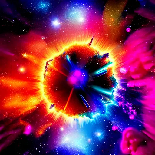 Prompt: colorful fragmented nebula explosion, dust particles, bokeh, iridescent jagged crystal fragmentation, elaborate detail, tilt-shift macro lens, lens flare, rendered in octane, visual effects, x-particles, redshift, cinematic, 8k render