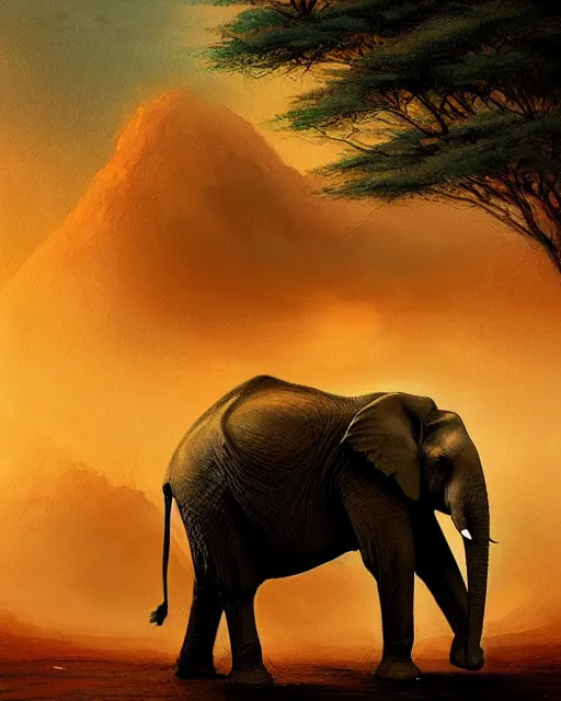 Image similar to elephant in africa painted in watercolor volumetric lighting, back lighting, rimlight, dramatic lighting, digital painting, highly detailed, artstation, sharp focus, illustration, Artgerm, Jean-Léon Gérôme , ruan jia