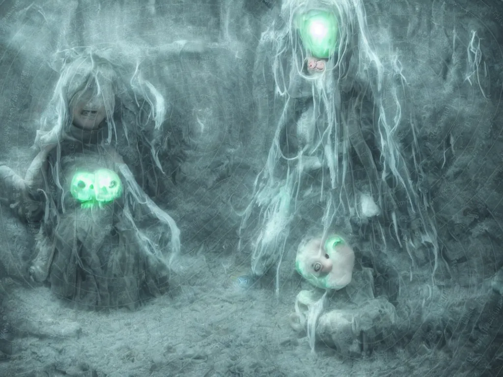 Image similar to cute fumo plush smiling ectoplasmic jellyfish ghost girl lingering in a mysterious concrete organic ruin, chibi gothic maiden in tattered melting rags, glowing wisps of hazy green smoke and eerie blue volumetric fog swirling about, moonlight, glowing lens flare, vray