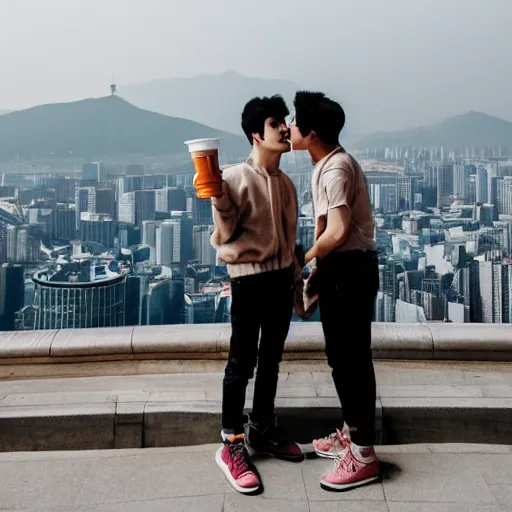 Image similar to two gay korean boys holding ice coffee while kissing outside looking over the city of seoul