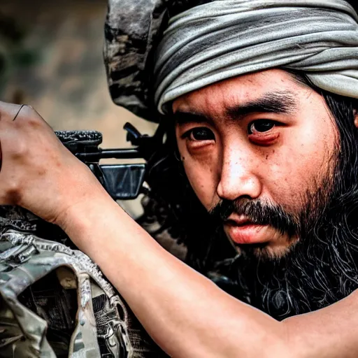 Prompt: chris chan as a member of the taliban, war photo, close up, gritty, award winning photo, 8 k extreme detail, sharp focus,